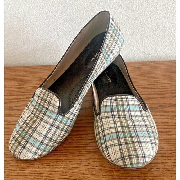 LL Bean Women's Flats Loafer Slip On Size 8 M Sky Blue Plaid Canvas - Picture 2 of 9